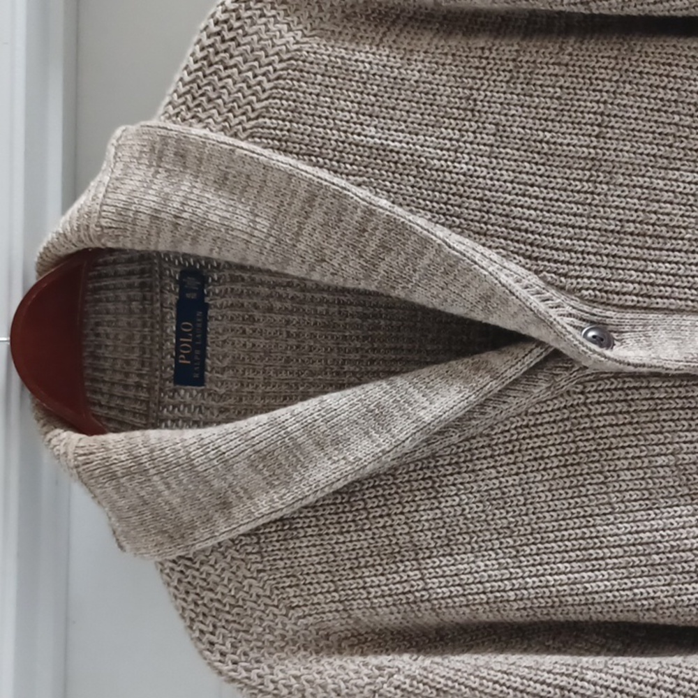 RALPH LAUREN Tan Heavy Knit Shawl Collared Cardigan Sweater, XL - Picture 5 of 12